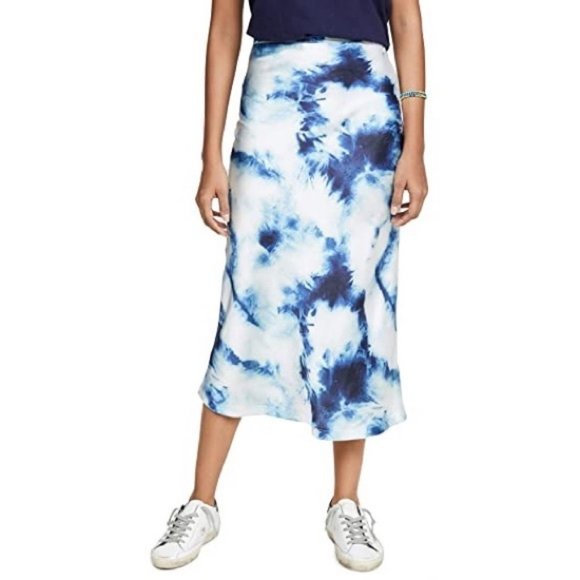 NWT Womens Lioness Off-White Blue Tie Dye Satin Midi Skirt Size S * - Picture 2 of 13